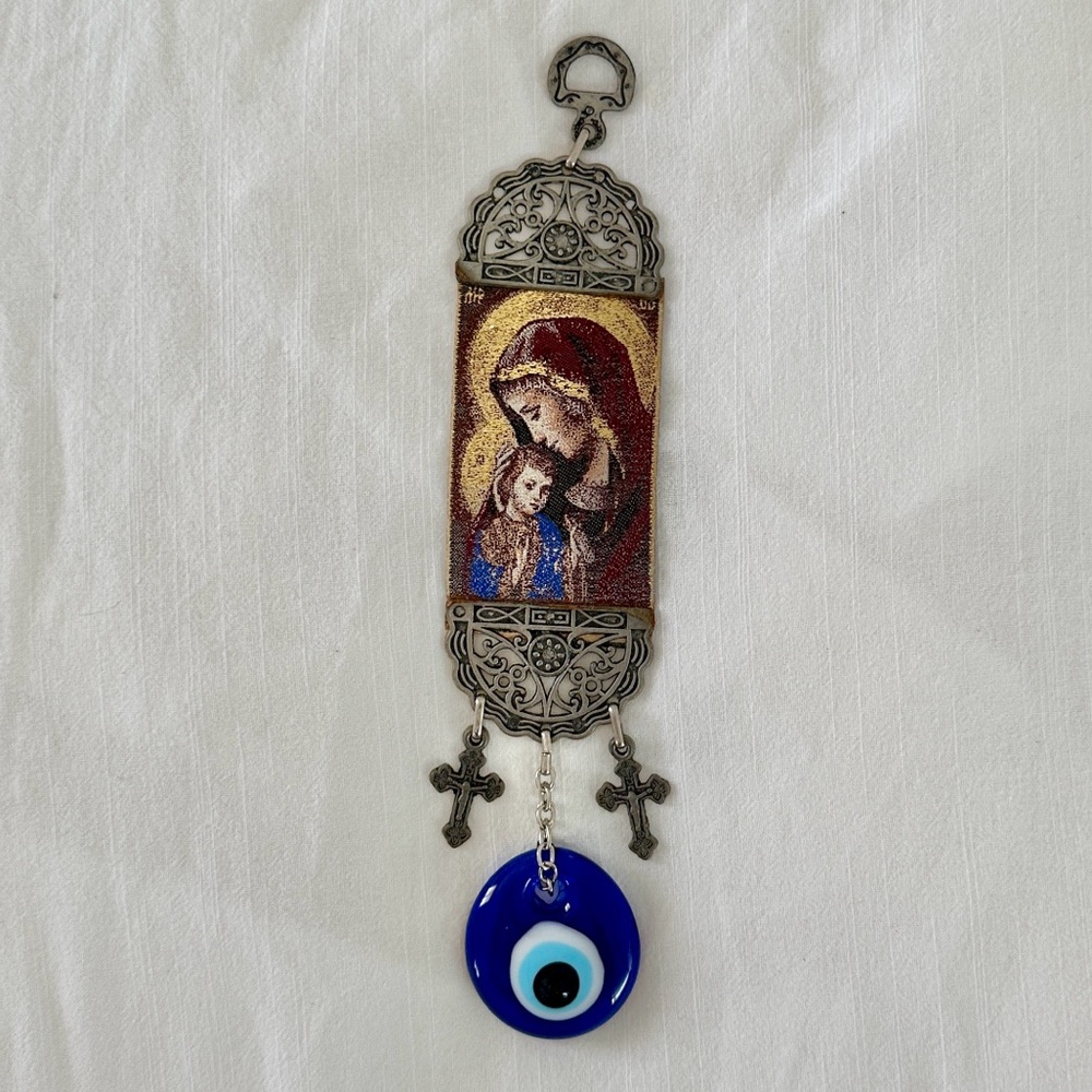 Golden Virgin Mary and Child Icon Evil Eye Wall Tapestry